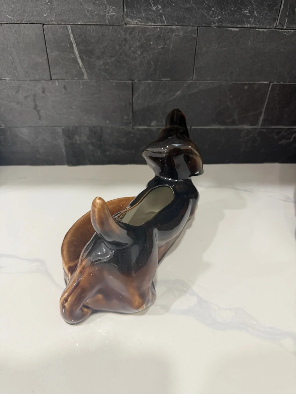 Antique Ceramic Dachshund Planter in Brown and Black